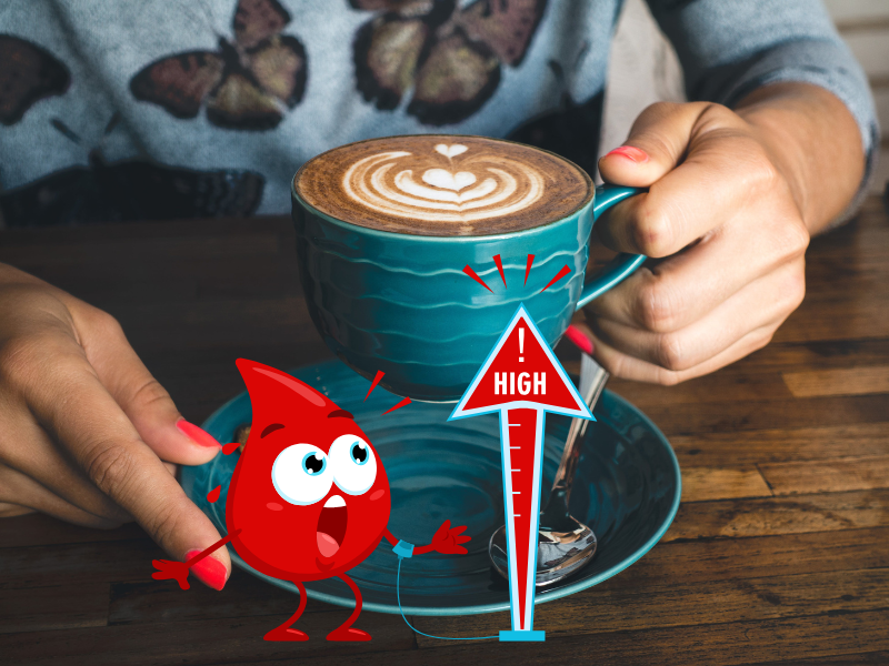 woman holding a cup of coffee and a graphic of rising blood sugar from the caffeine