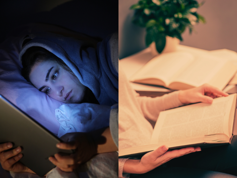 two images of bedtime, the image on the left showing a woman looking at a tablet indicating poor bedtime habits, and the image on the right showing a woman reading a book in warm lighting, indicating someone fixing light exposure