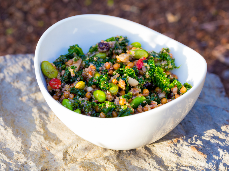 Nourishing whole food salad with chickpeas, greens, kale, pepper, etc.